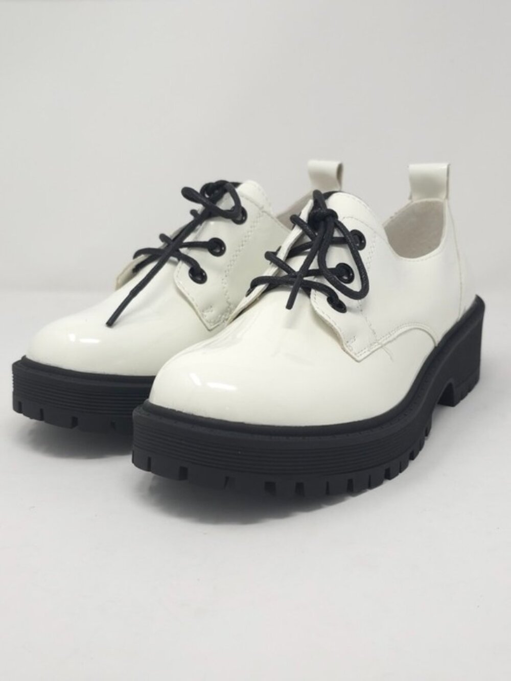 Chunky Platform Faux Leather Oxford Patent White Pat Trendy Lug Sole Lace Up